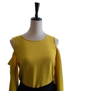 Ann Taylor Mustard Yellow Blouse with Asymmetrical Cut Out Sleeves